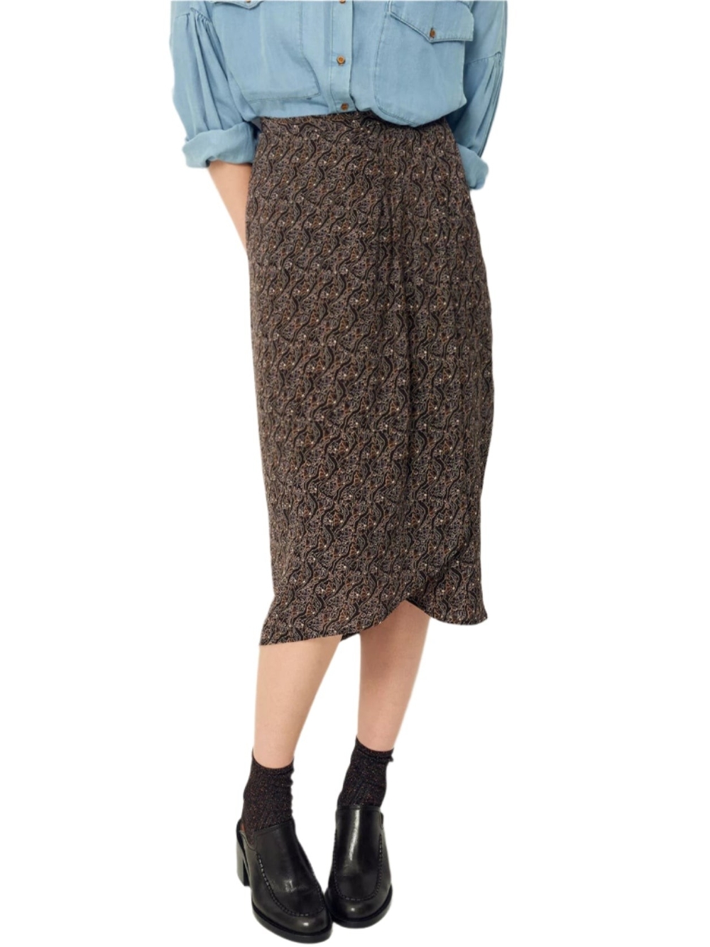 NWT Sessun Ady Printed Midi Skirt In Noia (Black/Brown), Size 40